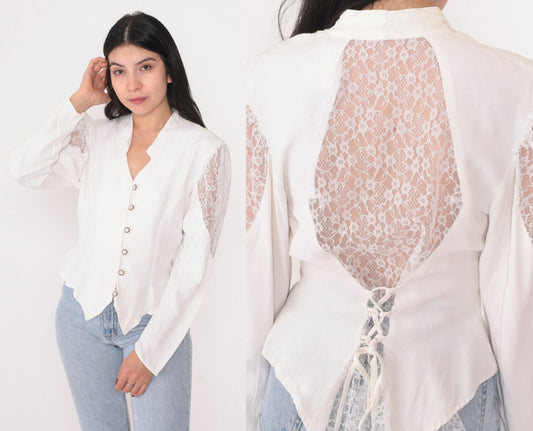 90s Vanity USA White Lace Blouse Puff Sleeve Button Up Small S