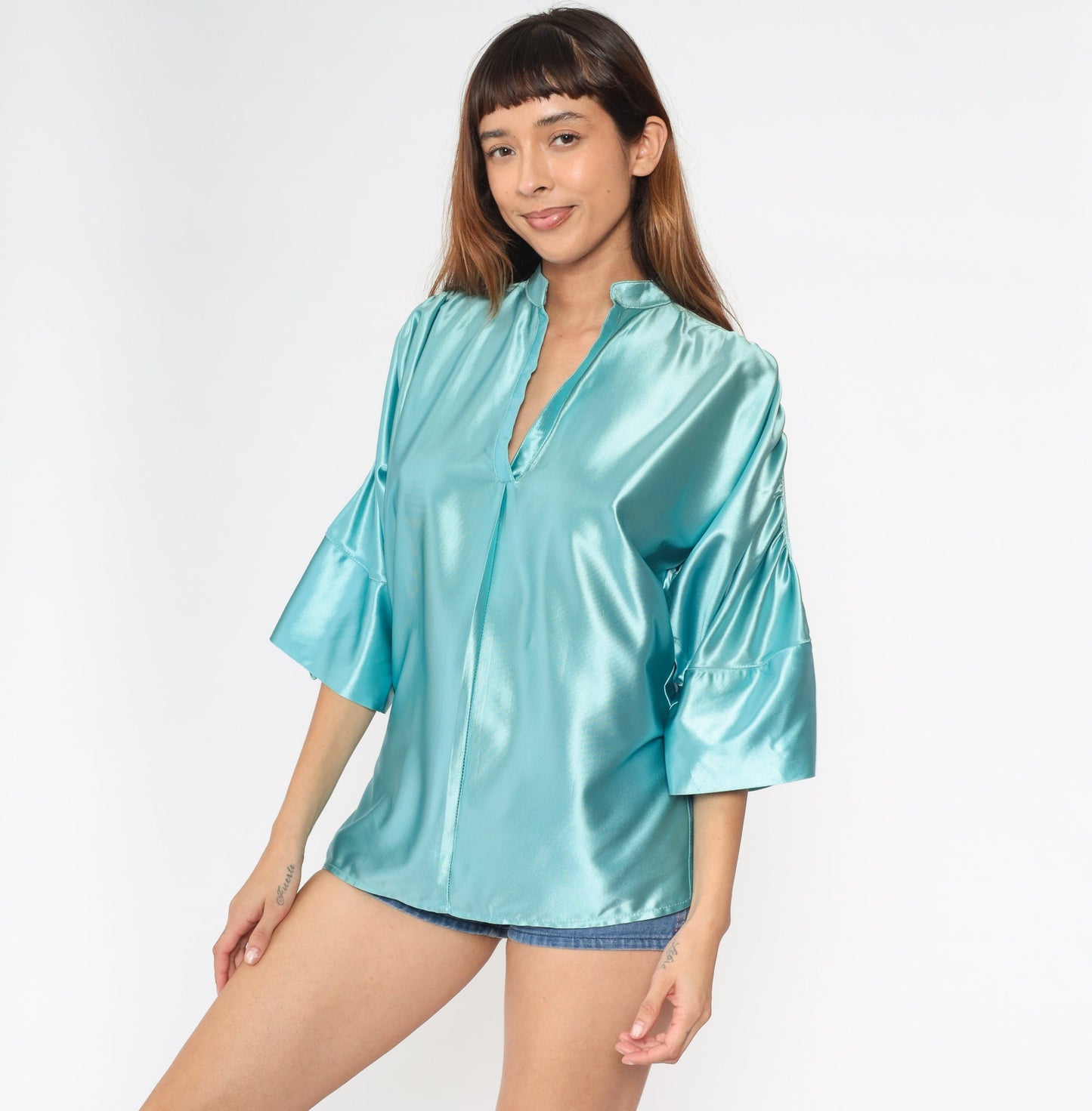 70s Jon Pier Shiny Blue Mandarin Collar Blouse V-Neck 3/4 Sleeve Small S