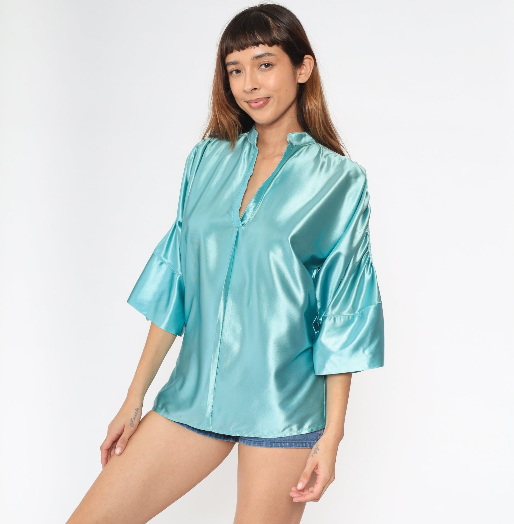 70s Jon Pier Shiny Blue Mandarin Collar Blouse V-Neck 3/4 Sleeve Small S