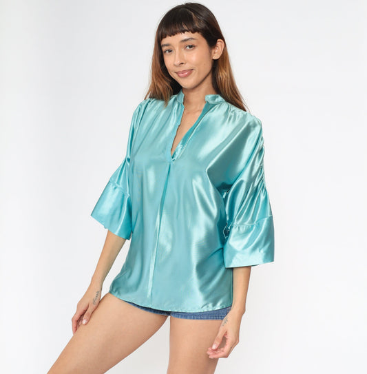 70s Jon Pier Shiny Blue Mandarin Collar Blouse V-Neck 3/4 Sleeve Small S