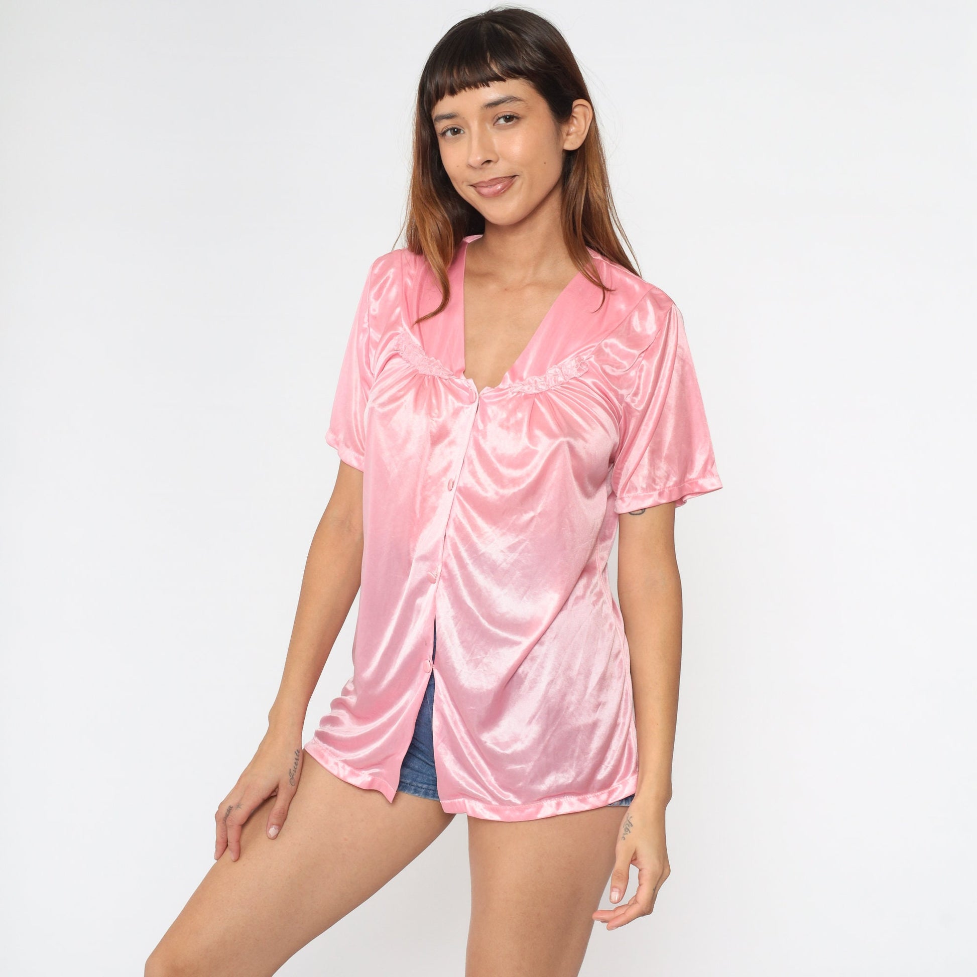 00s Pink Floral Embroidered Pajama Top Button-Up Sleep Shirt Medium