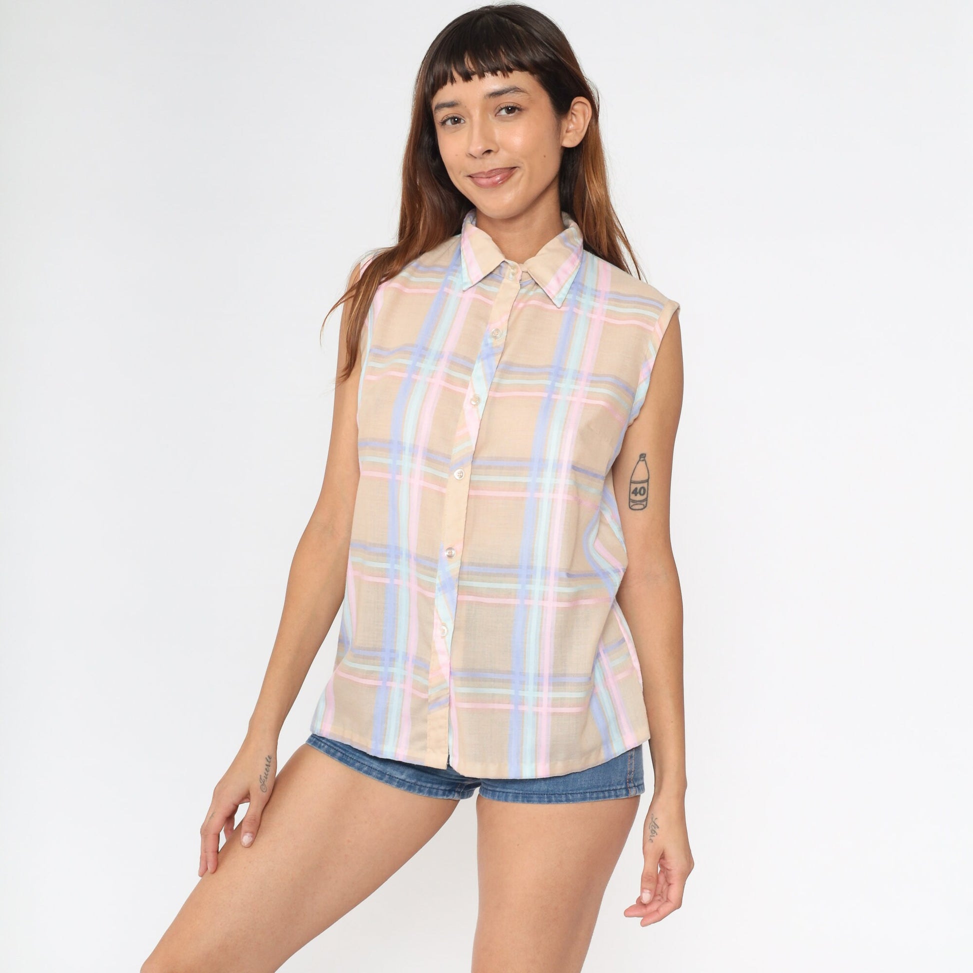 80s Plaid Button-Up Tank Top Tan Pink Lavender Checkered Blouse Medium