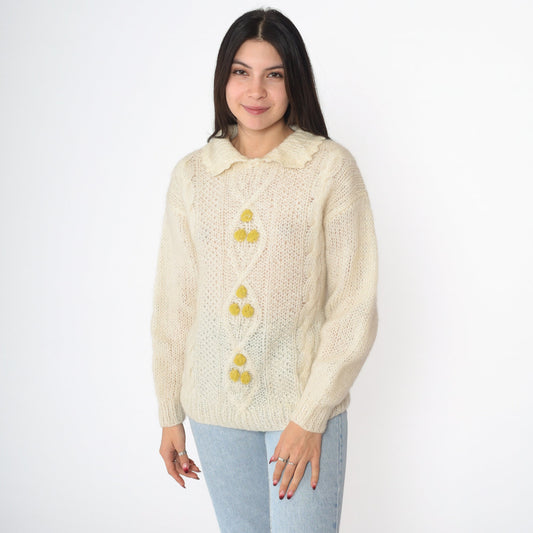 80s Cream Cable Knit Sweater Sheer Open Weave Collared Pullover Medium