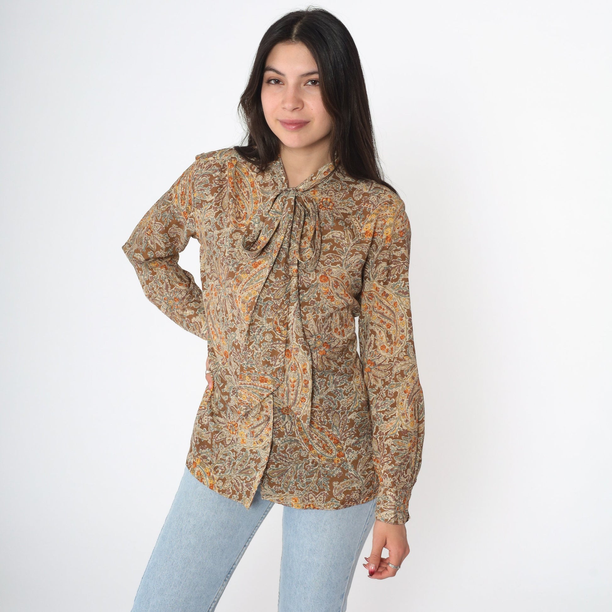 70s Floral Paisley Ascot Blouse Button-Up Long Sleeve Brown Small