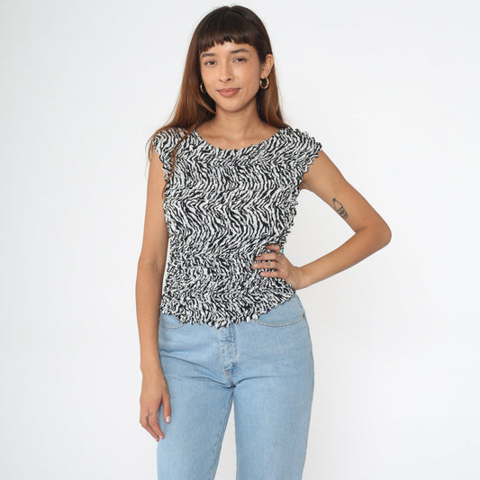 Y2K Zebra Popcorn Texture Tank Top Black White Sleeveless Blouse One Size