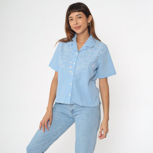 90s Koret Floral Embroidered Button-Up Blouse Baby Blue Cotton Small