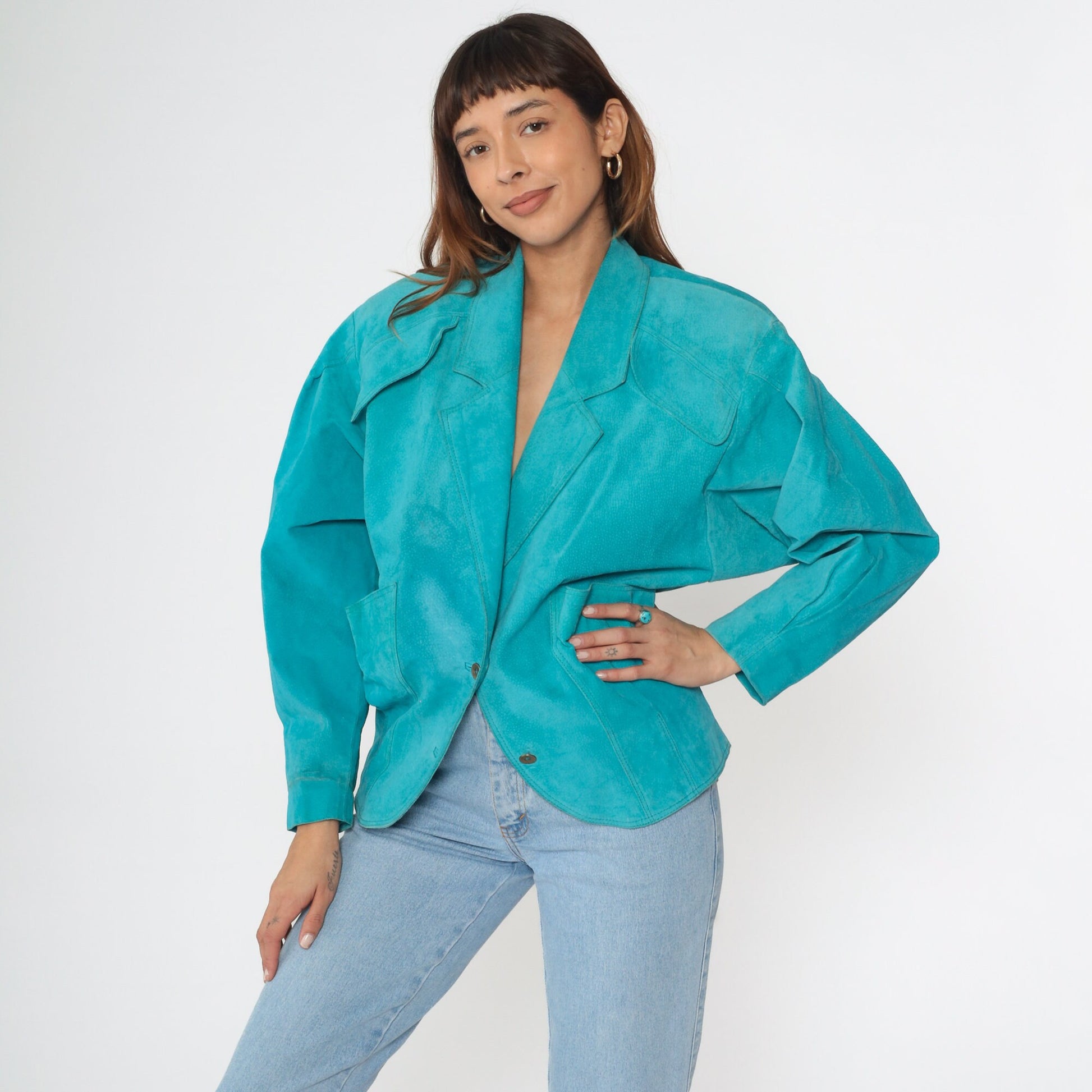 80s Turquoise Suede Leather Blazer V-Neck Shoulder Jacket Small