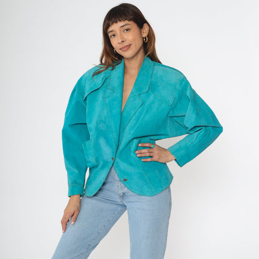 80s Turquoise Suede Leather Blazer V-Neck Shoulder Jacket Small