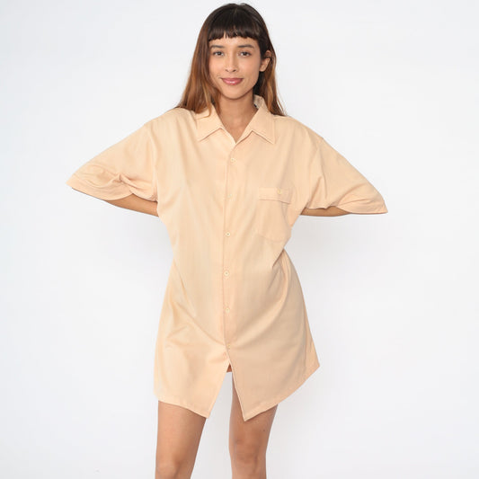 70s Peach Button-Up Shirt Men's Short Sleeve Collared Disco Shirt Extra Large Tall