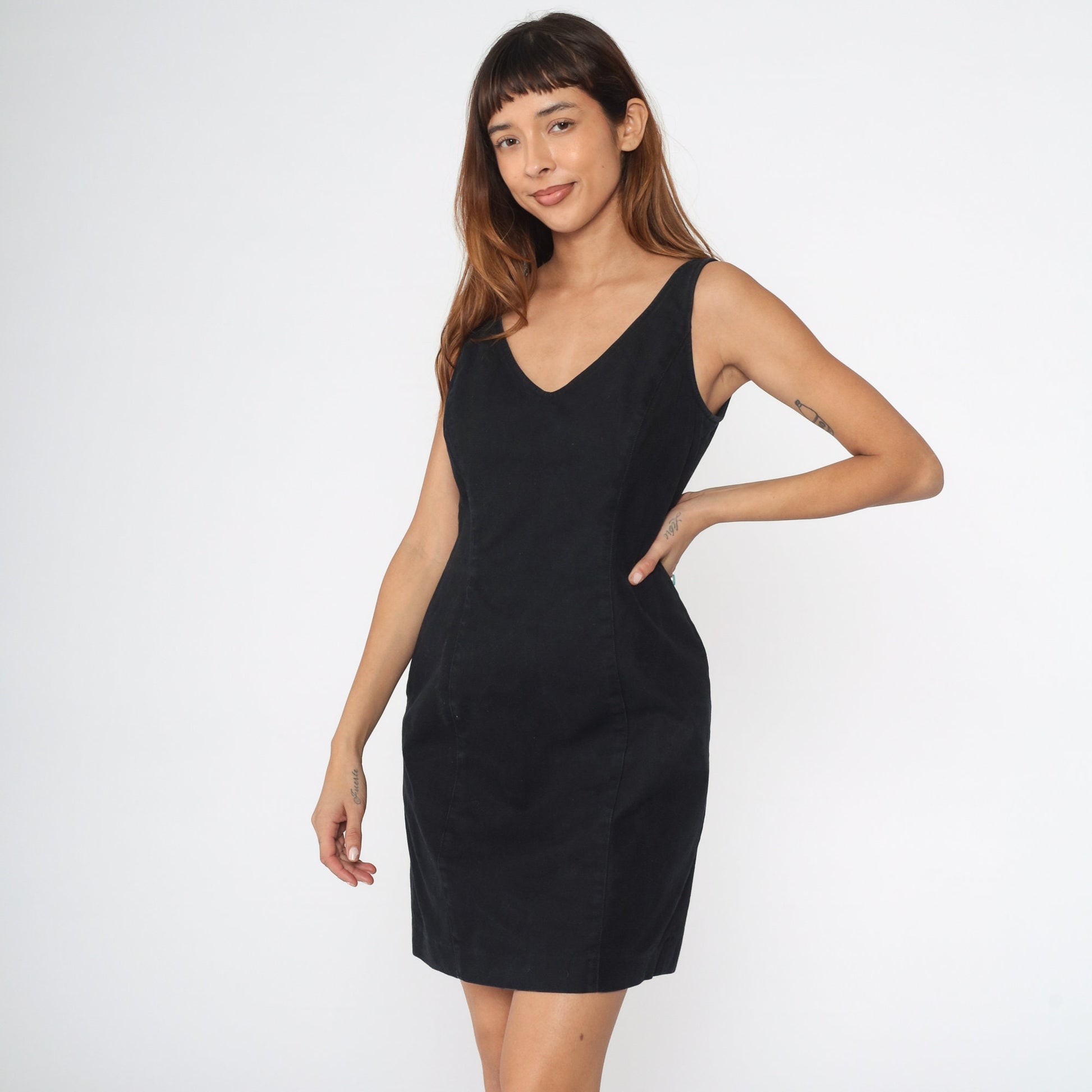 00s Nine West Black Mini Sheath Dress V-Neck Sleeveless Cotton Medium 8