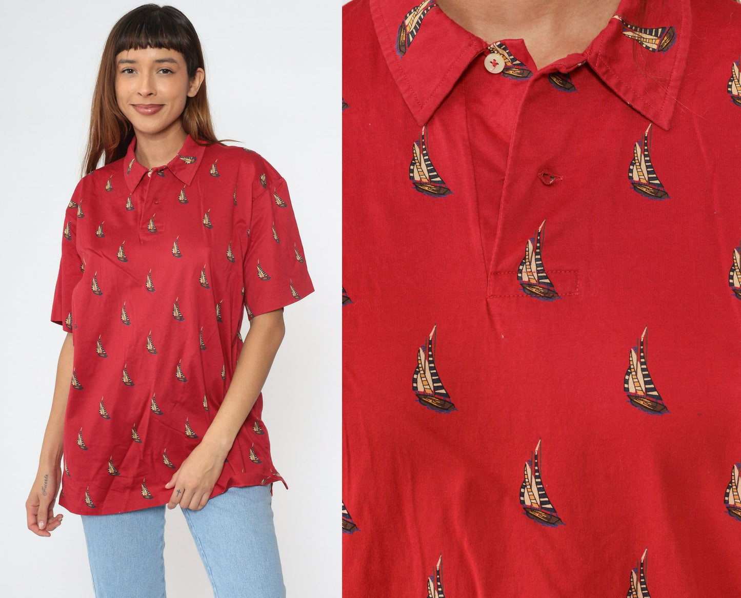 Ralph Lauren Polo 90s Red Sailboat Cotton Button-Up Shirt Large