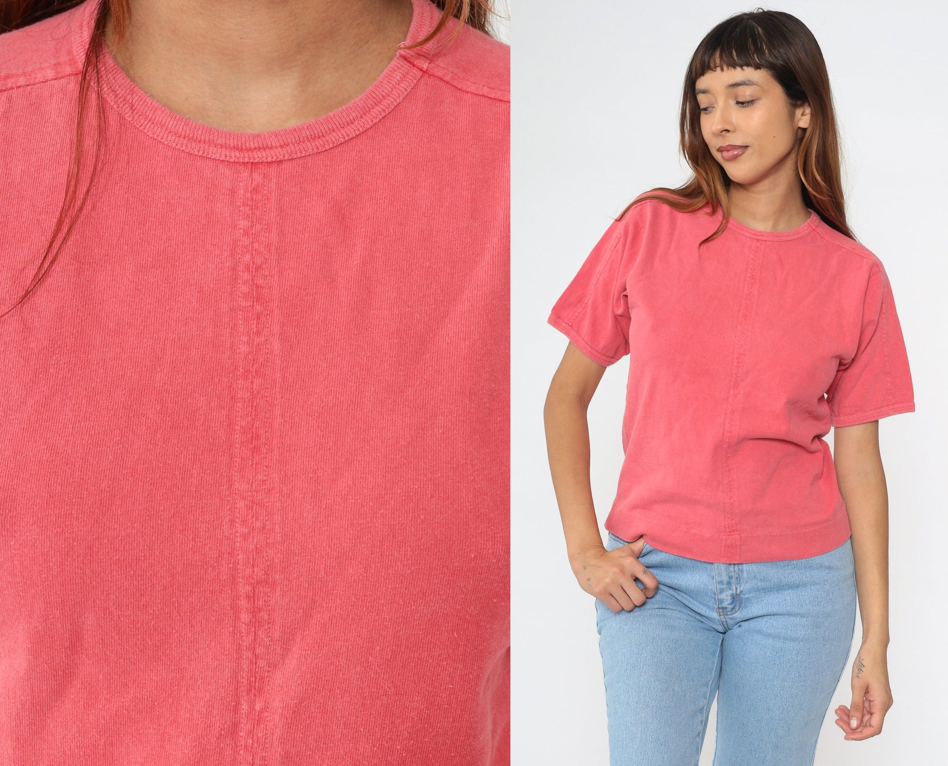 90s Coral Pink Crewneck T-Shirt Plain Tee Small S
