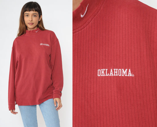 Y2K Nike Oklahoma Mock Neck Long Sleeve Tee Red Swoosh Large