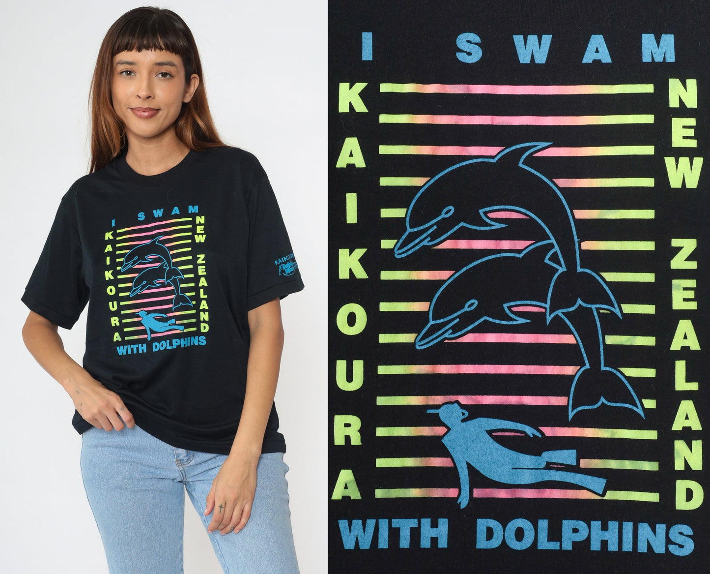 00s Kaikoura Dolphin Mary Neon Graphic T-Shirt New Zealand Black Medium