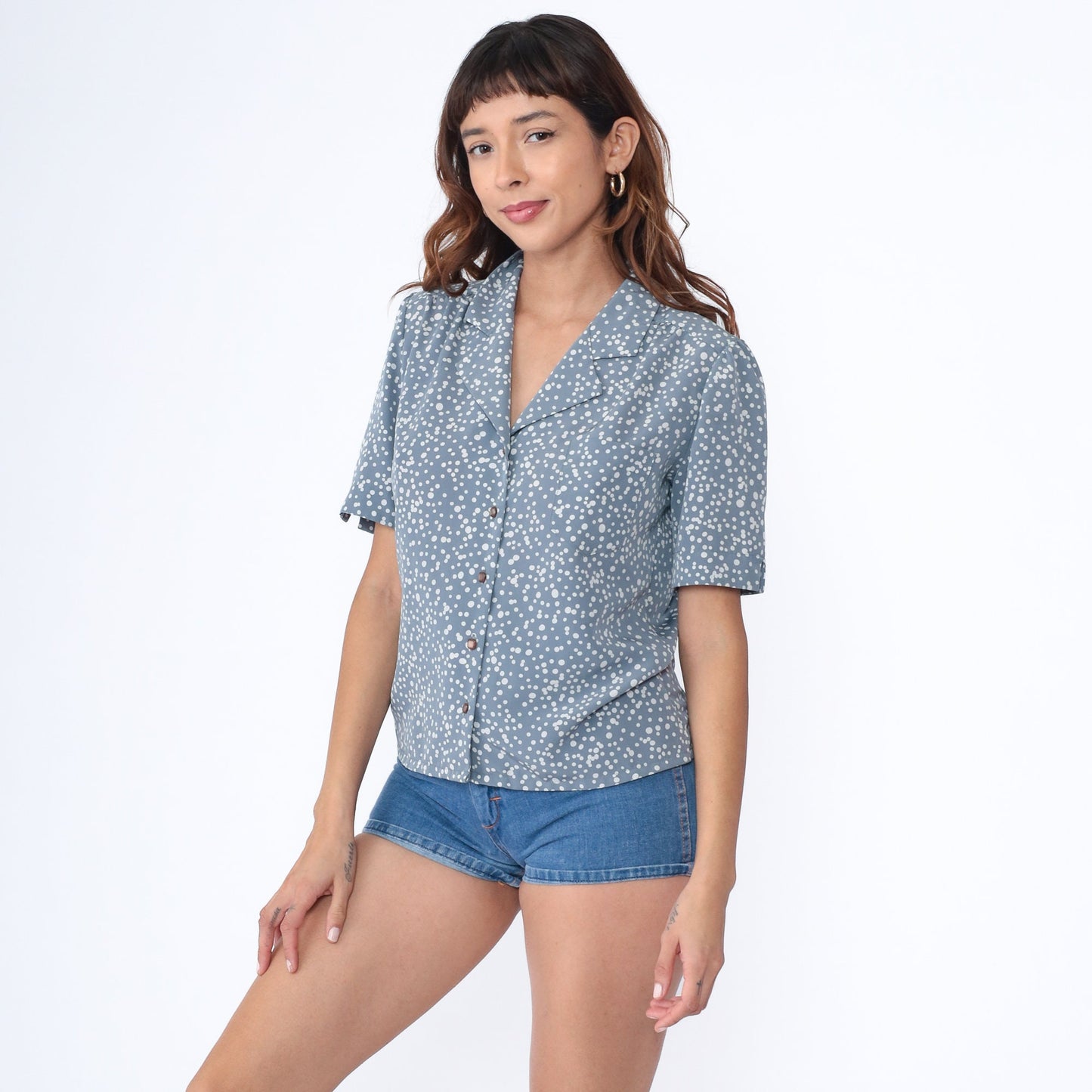 80s Country Sophisticates by Pendleton Blue Polka Dot Button-Up Blouse Medium