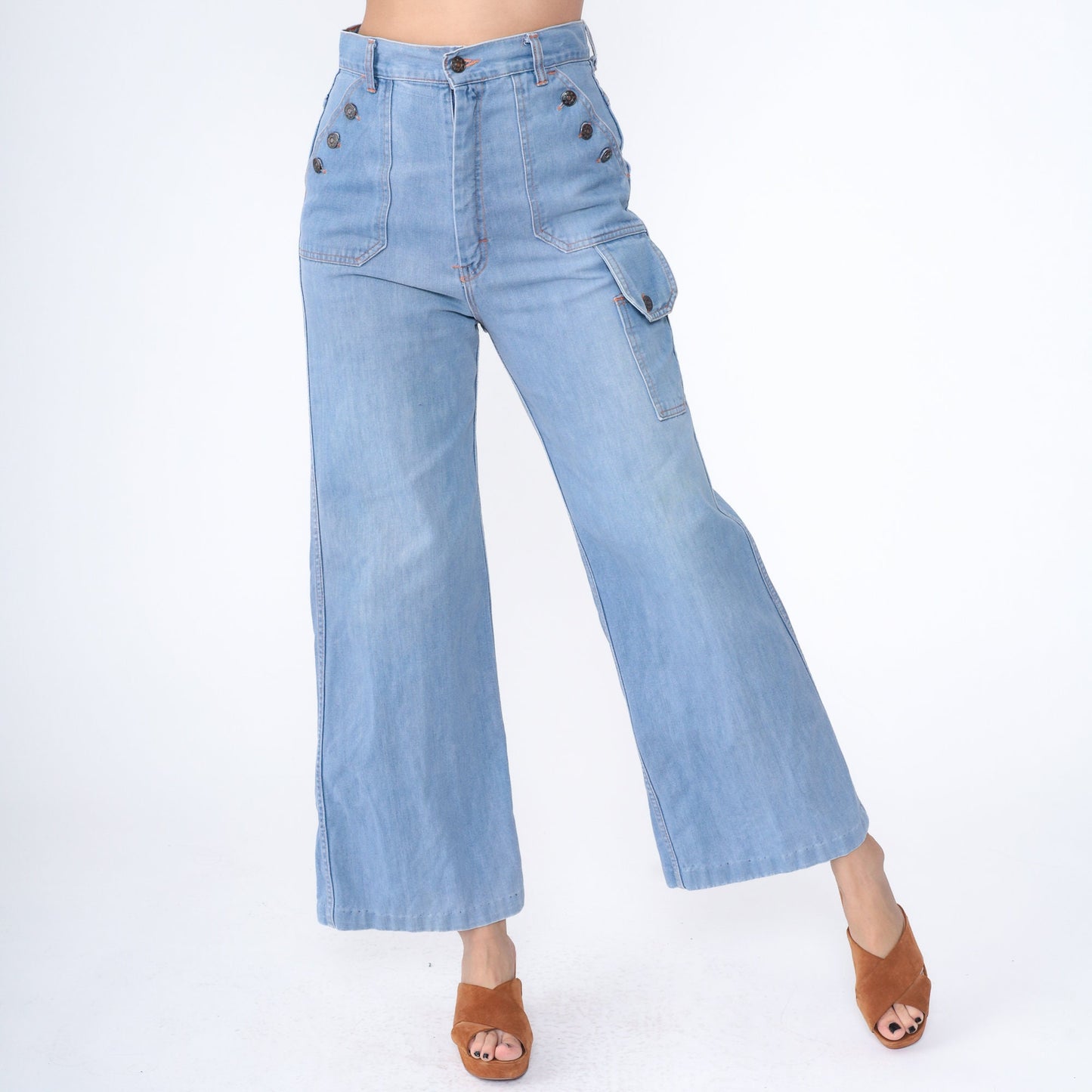 70s Blue Denim Bell Bottom Jeans High Waist Wide Leg Flare Medium 8