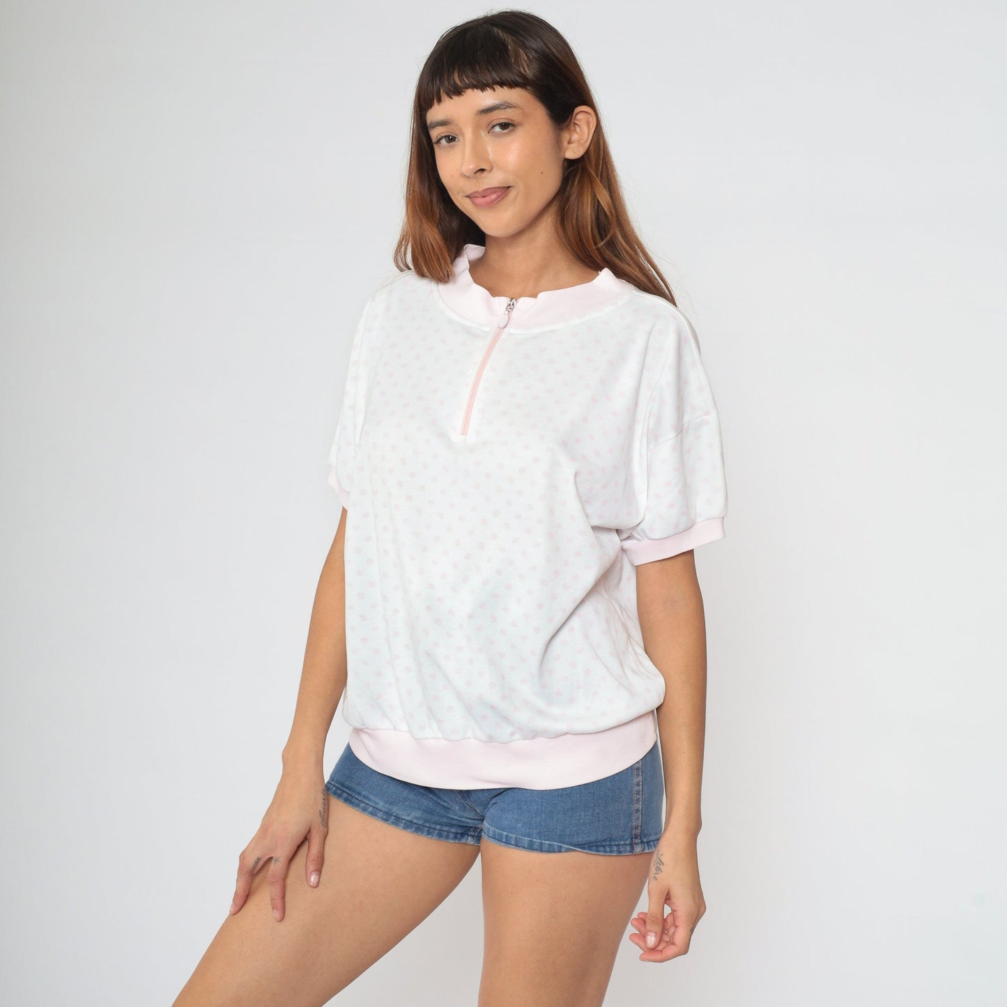 90s White Pink Polka Dot Quarter Zip Short Sleeve Shirt Large L