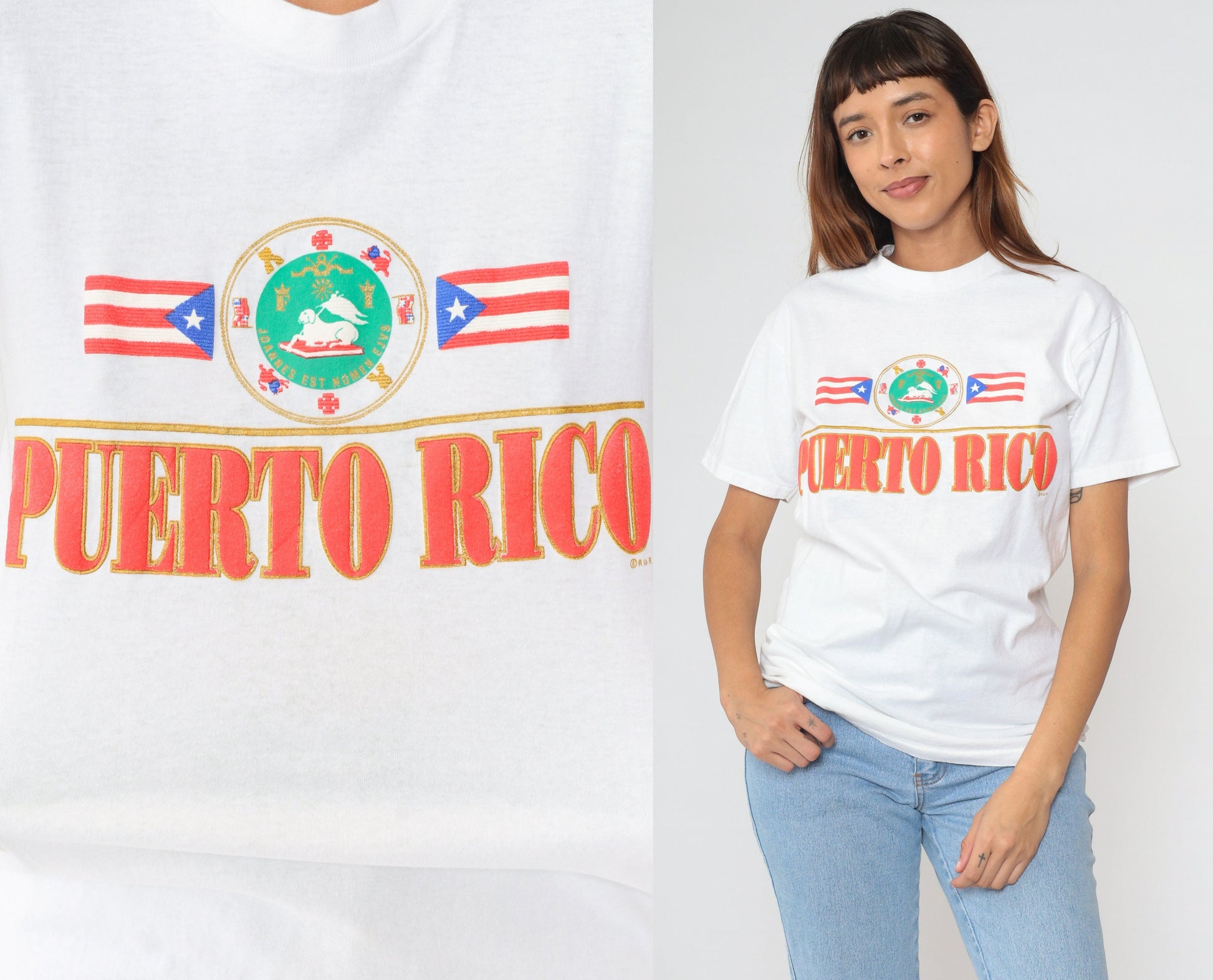 90s Puerto Rico Flag Graphic T-Shirt Cotton Single Stitch White Small