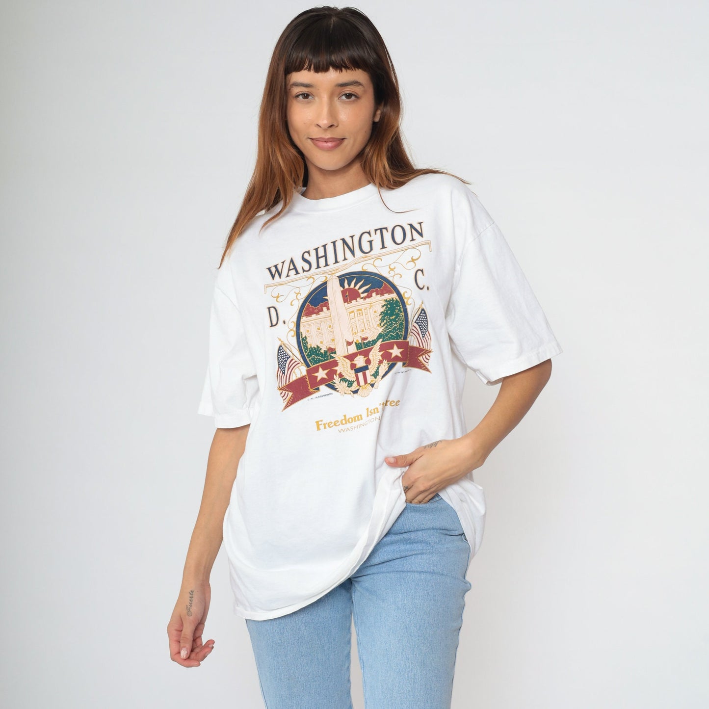 90s Washington DC 'Freedom Isn't Free' Graphic T-Shirt White Cotton Extra Large XXL