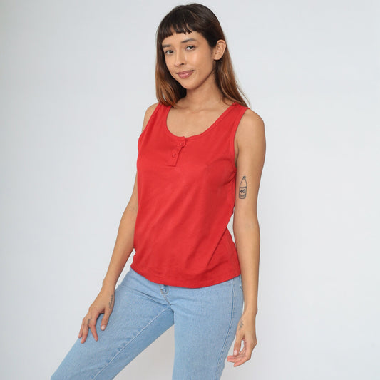 80s Red Cotton Henley Tank Top Button Chest Sleeveless Medium