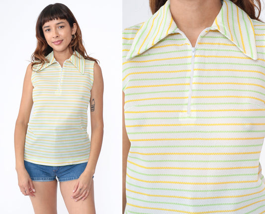 70s Striped Sleeveless Blouse Zip Collar White Yellow Lime Green Small