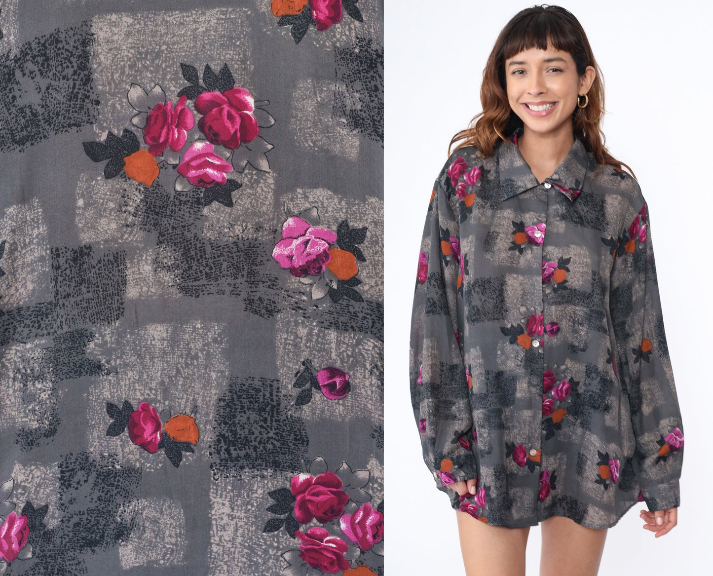 90s Grey Floral Button-Up Shirt Long Sleeve Geometric Print Plus Size XXL