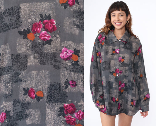 90s Grey Floral Button-Up Shirt Long Sleeve Geometric Print Plus Size XXL