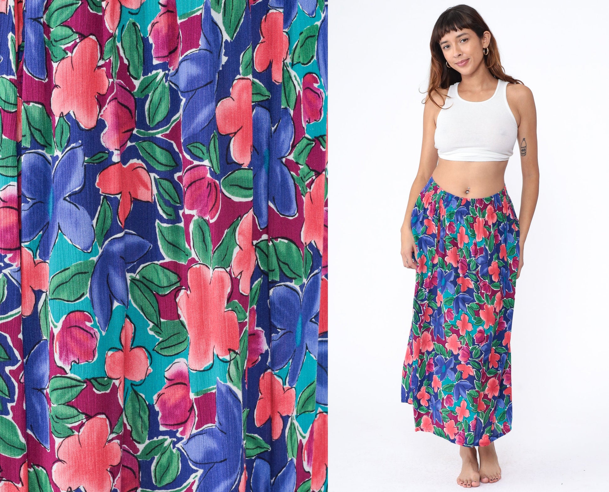 80s The Villager Floral Maxi Skirt Rayon High Waist Ankle Length Blue Medium
