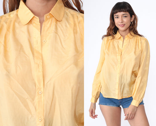 80s Adori Yellow Silk Puff Sleeve Button-Up Blouse Collar Medium