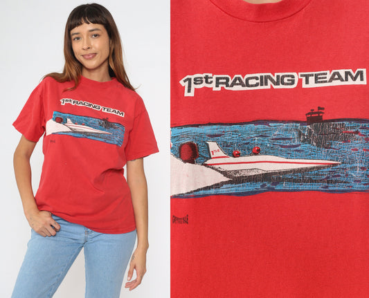 90s 1st Racing Team Speedboat Graphic T-Shirt Red Single Stitch Cotton Medium