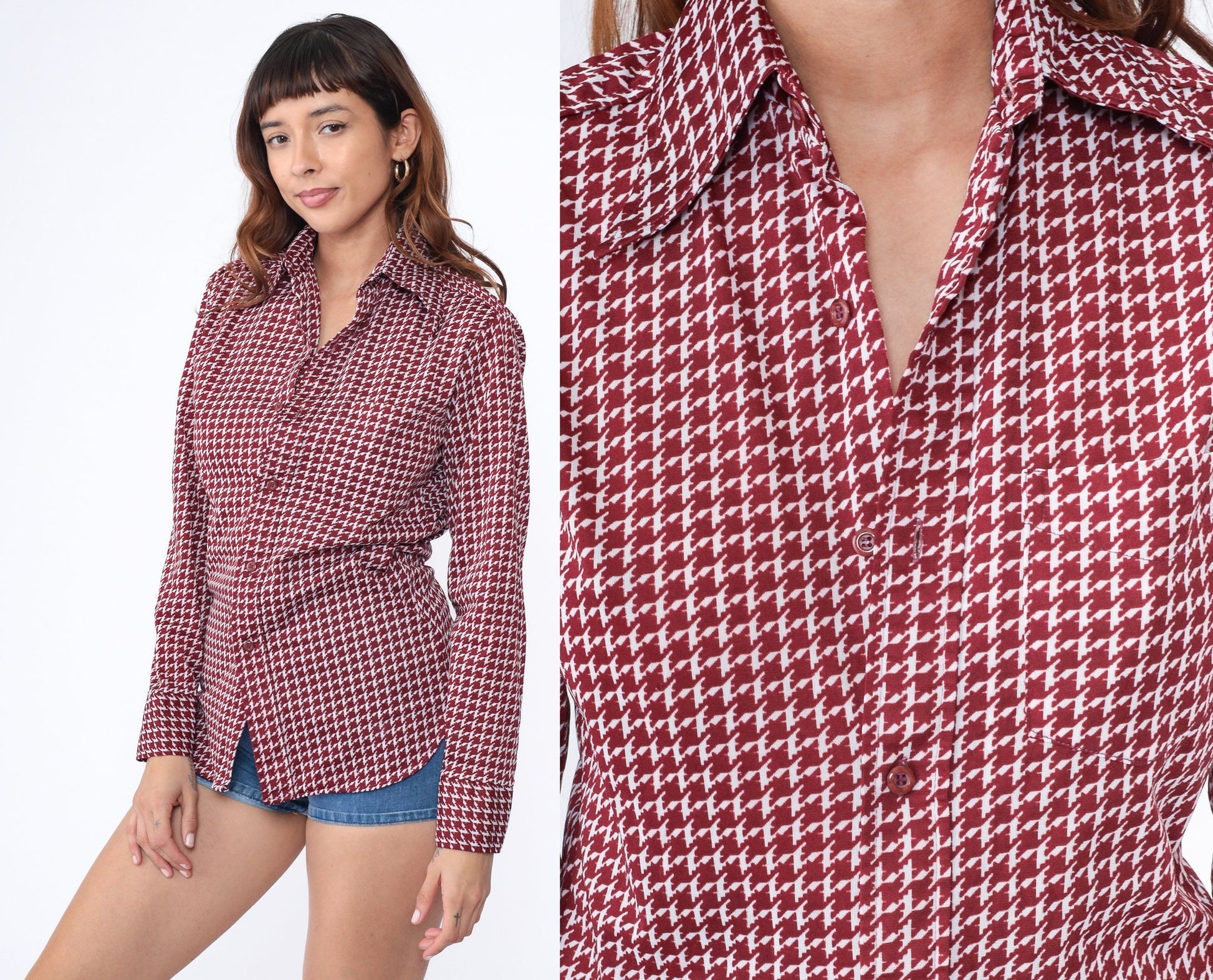 70s Spire Houndstooth Dagger Collar Oxford Shirt Maroon White Small
