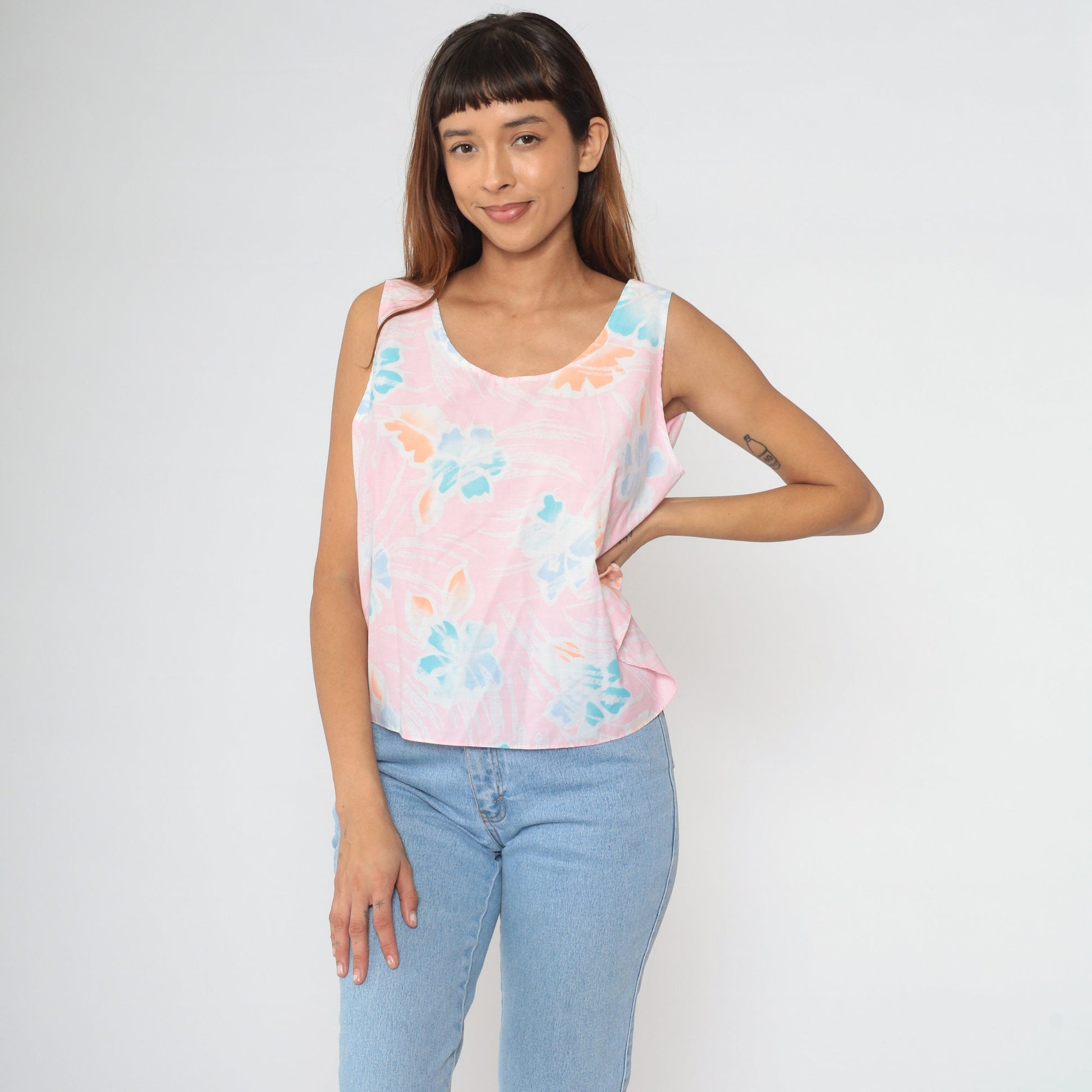 90s Hilo Hattie Tropical Floral Tank Top Pink Hibiscus Print Extra Large XXL