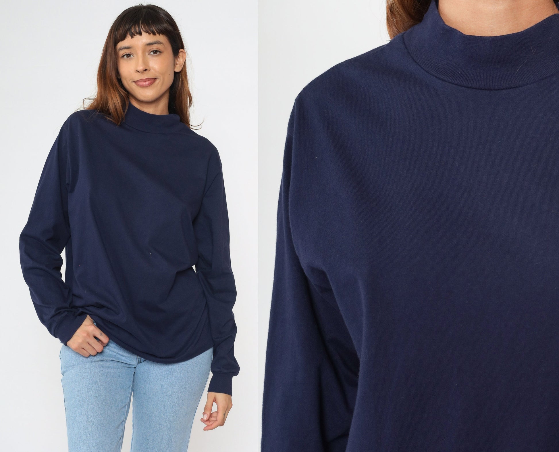 90s Navy Mock Neck Long Sleeve Cotton Tee Large L