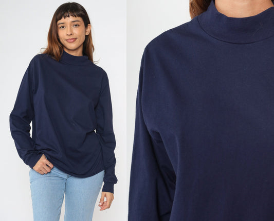 90s Navy Mock Neck Long Sleeve Cotton Tee Large L