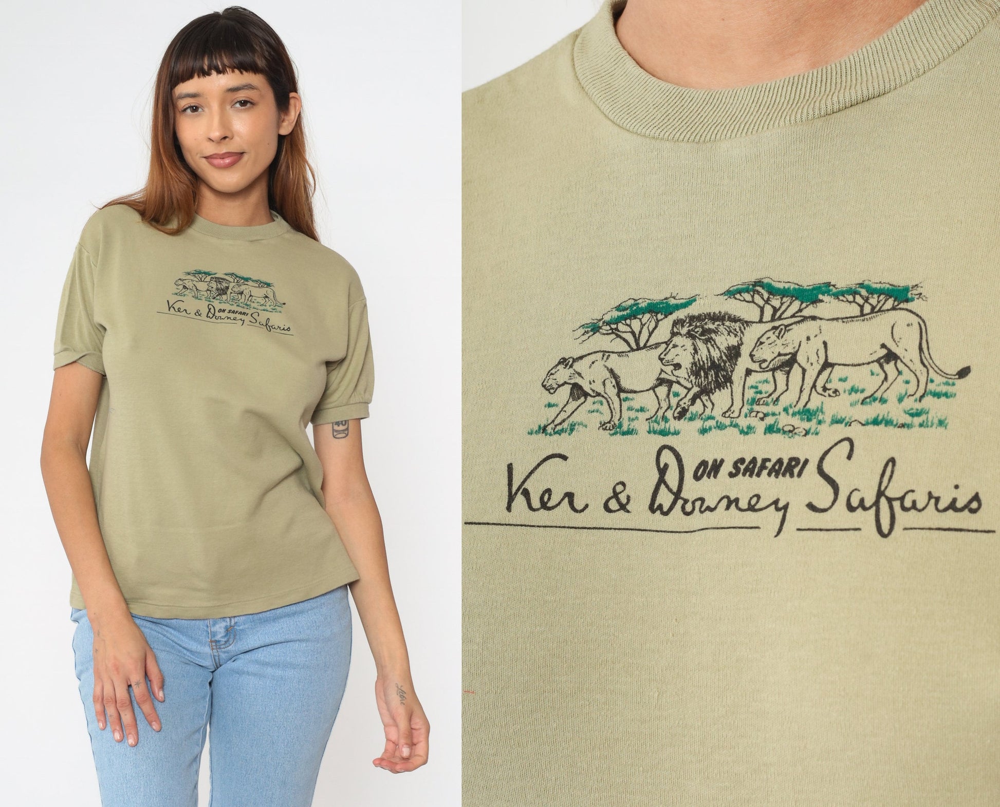 00s Ker And Downey Safaris Lion Graphic T-Shirt Khaki Cotton Medium