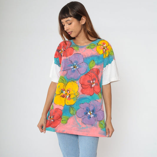 90s Floral Paint Splatter T-Shirt Purple Yellow Pink Blue Single Stitch Large