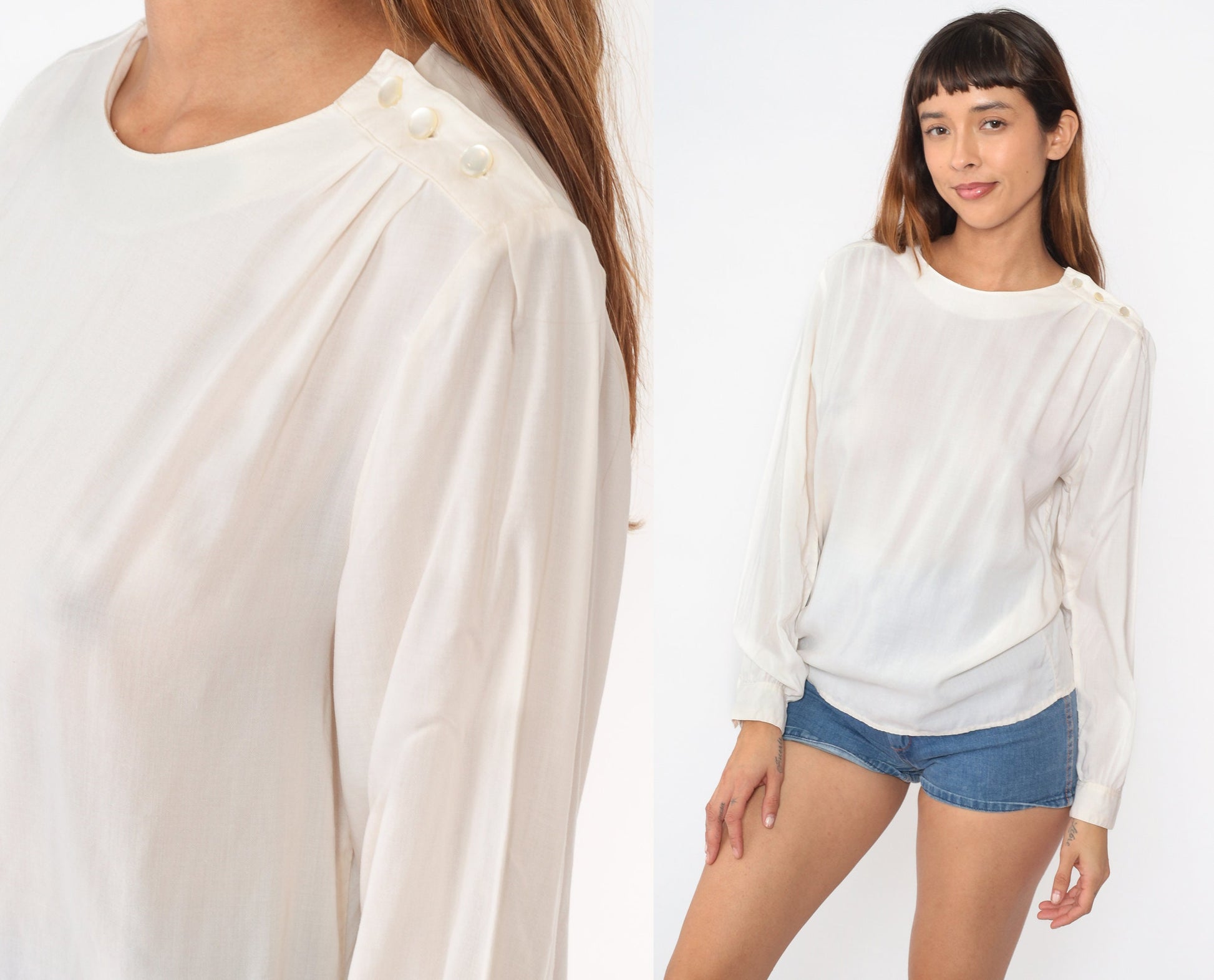 90s White Rayon Blouse Puff Sleeve Shoulder Button Top Medium
