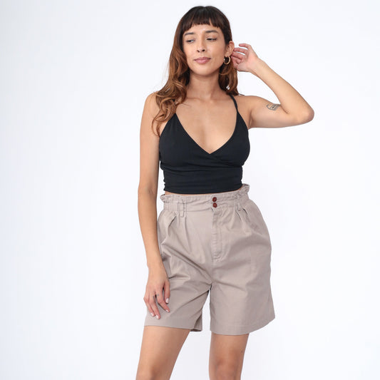 90s Khaki Pleated Paper Bag Shorts High Waisted Cotton Small
