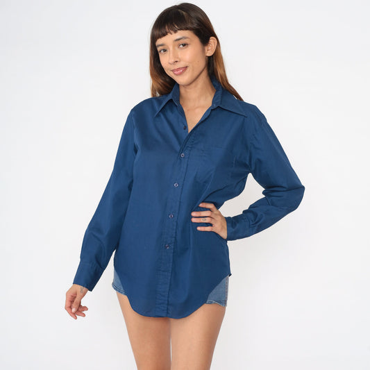 70s Navy Blue Cotton Button-Up Shirt Pointed Collar Long Sleeve Medium
