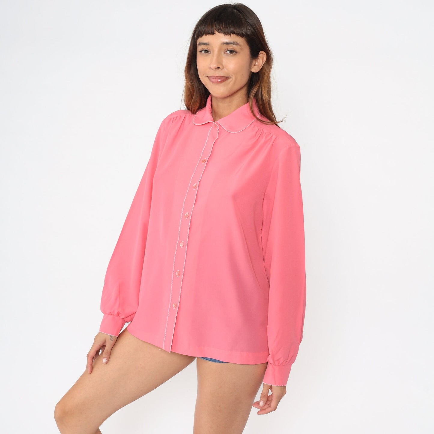70s Pink Peter Pan Collar Blouse Long Sleeve Button Up Large L