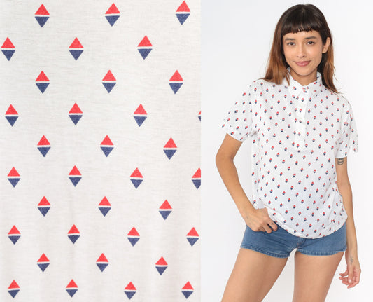 80s Par Four Golf Polo Shirt White Geometric Quarter Button Medium