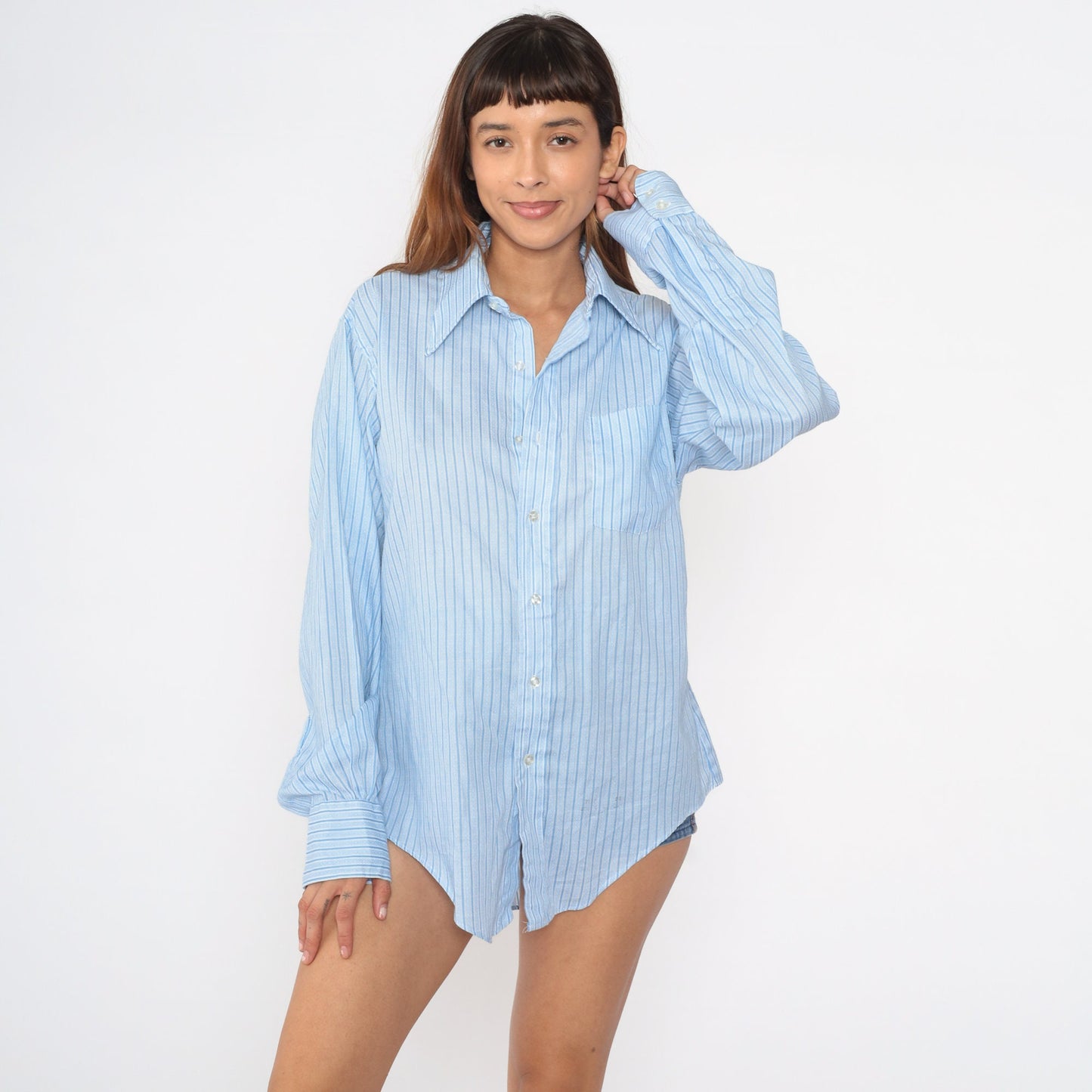 70s Grodins Blue Striped Oxford Shirt Southwestern Print Medium
