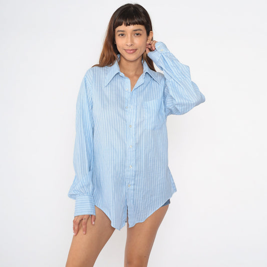 70s Grodins Blue Striped Oxford Shirt Southwestern Print Medium