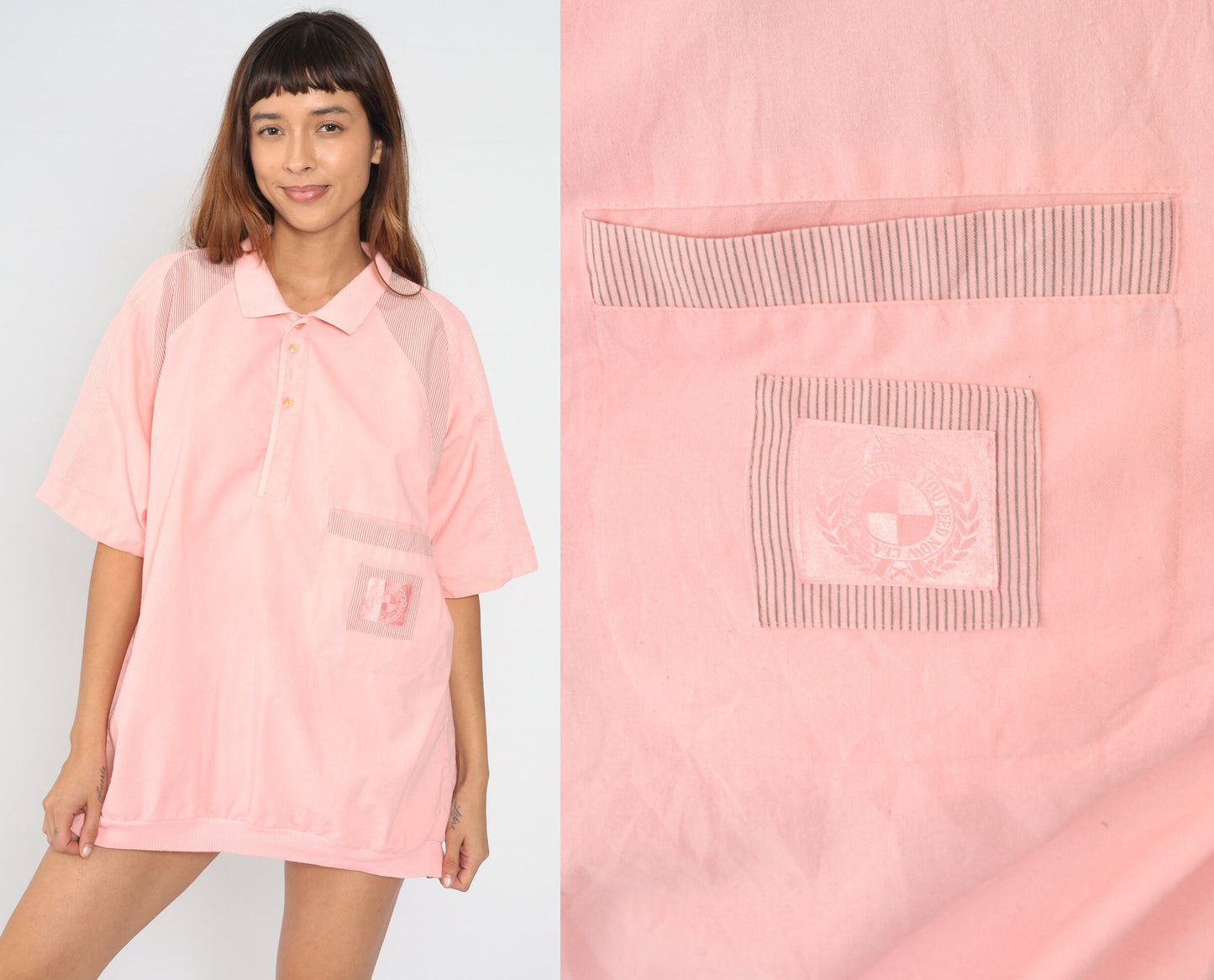80s Baby Pink Striped Polo Shirt Men's Extra Large Tall