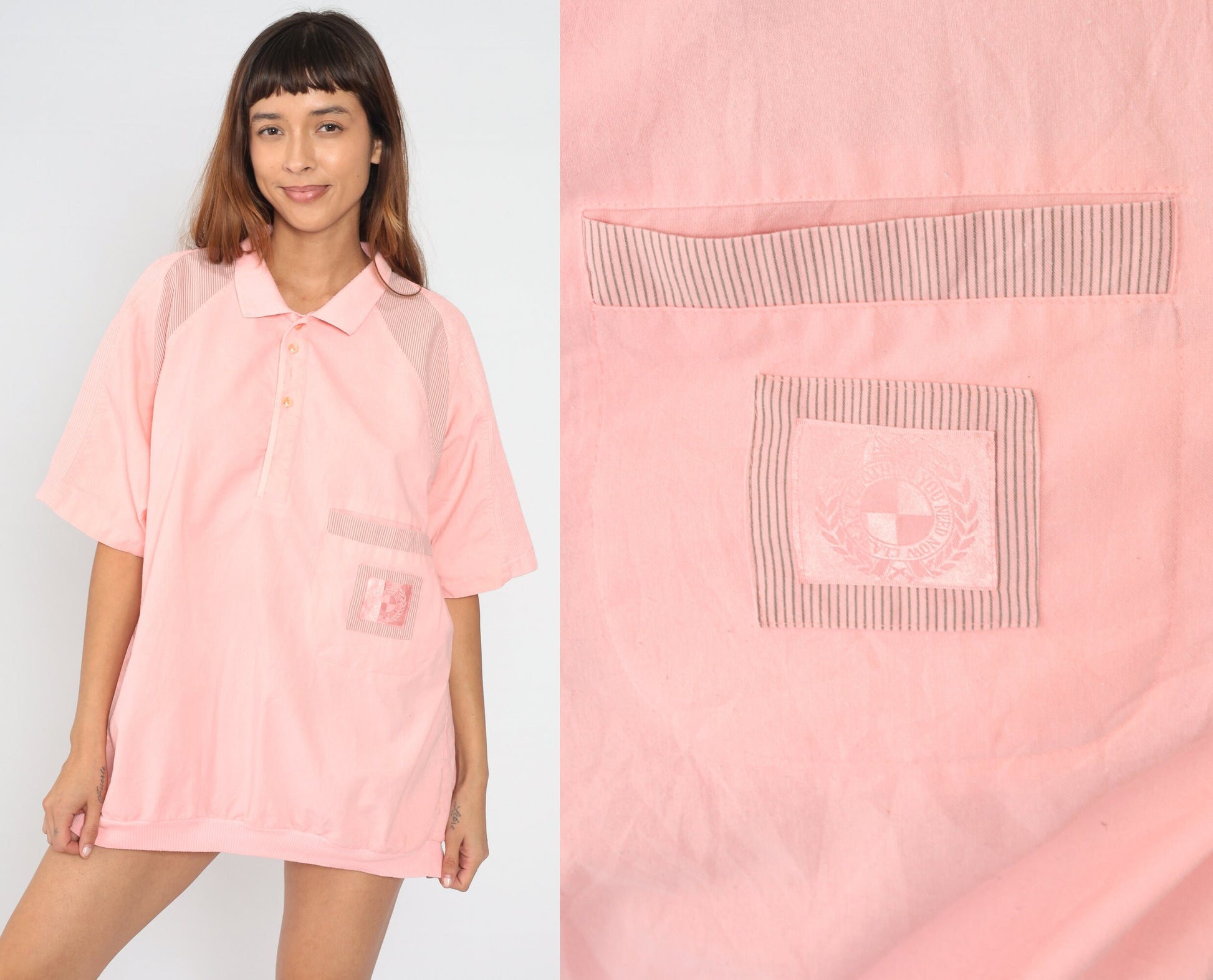 80s Baby Pink Striped Polo Shirt Men's Extra Large Tall
