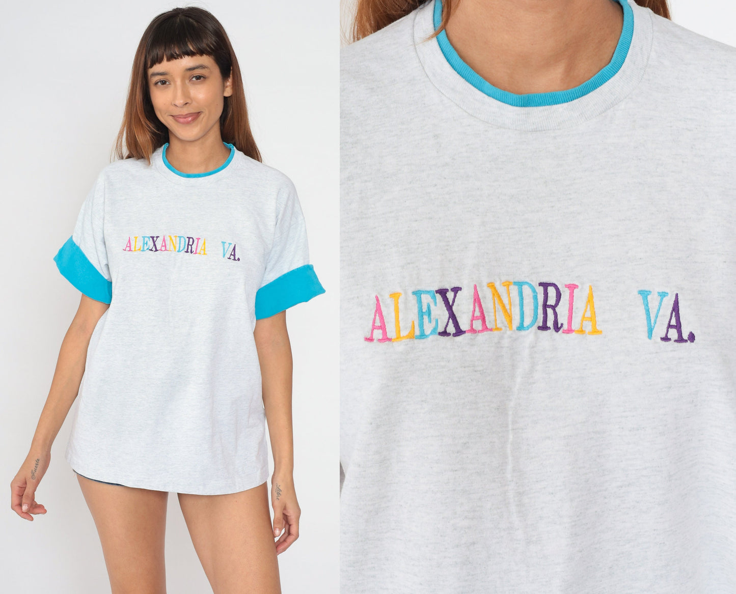 90s Alexandria Virginia Ringer Tee Embroidered Graphic Heather Grey Extra Large