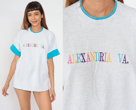 90s Alexandria Virginia Ringer Tee Embroidered Graphic Heather Grey Extra Large
