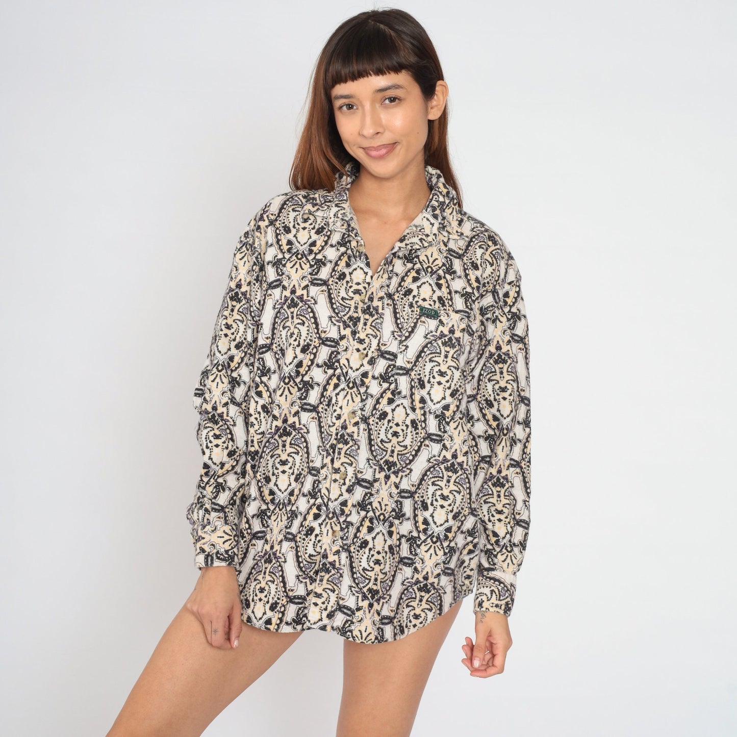 Izod 90s Paisley Button-Up Shirt Cotton Fleece Psychedelic Print Medium