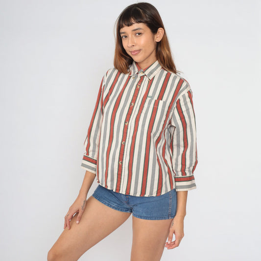 90s Dockers Striped Button-Up Shirt White Red Navy Green 3/4 Sleeve Medium