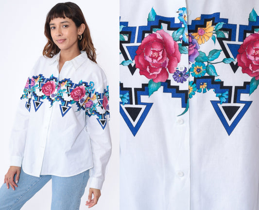 90s Roper Floral Western Shirt White Cotton Button Up Large
